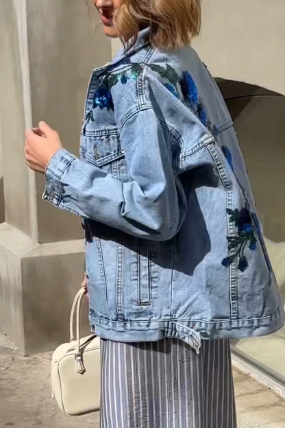 Lady's Embellished Denim Jacket with Floral Sequins Back Detail