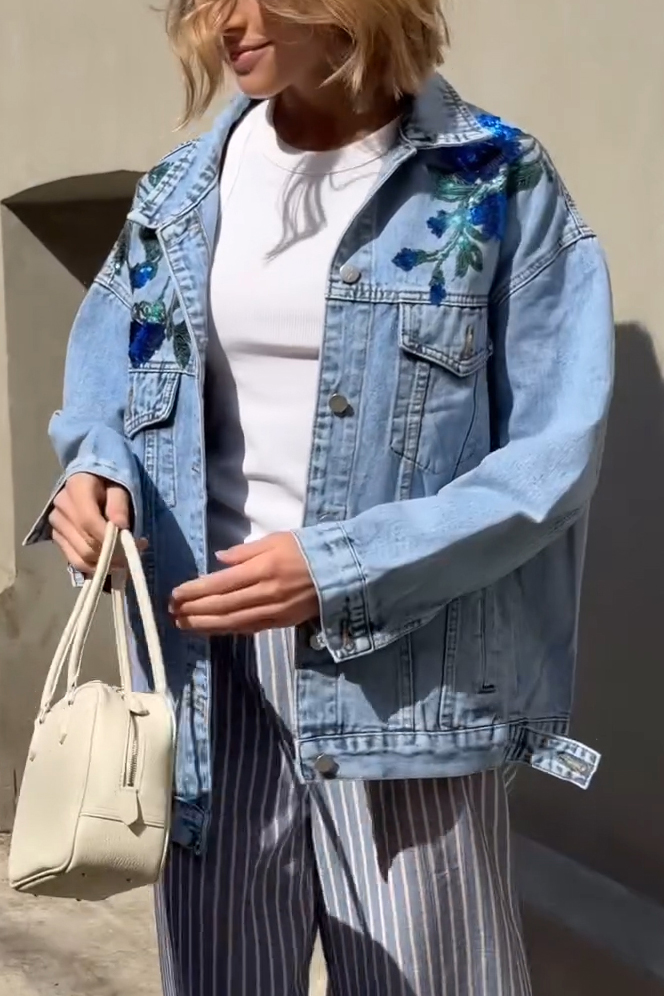 Lady's Embellished Denim Jacket with Floral Sequins Back Detail