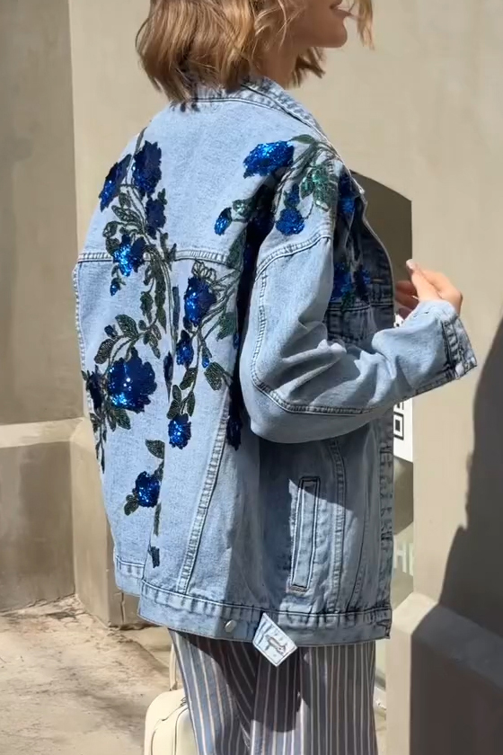 Lady's Embellished Denim Jacket with Floral Sequins Back Detail