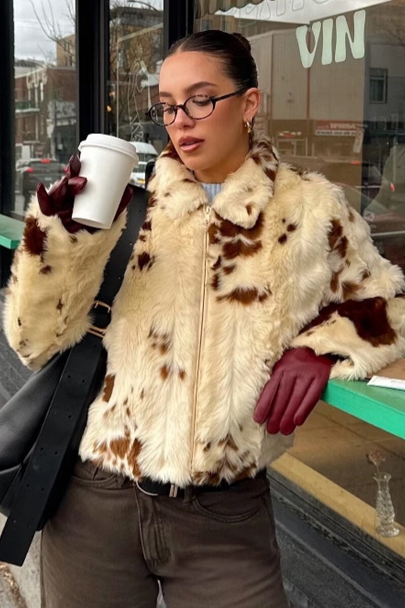Elegant Leopard Print Faux Fur Warm Coat for Women