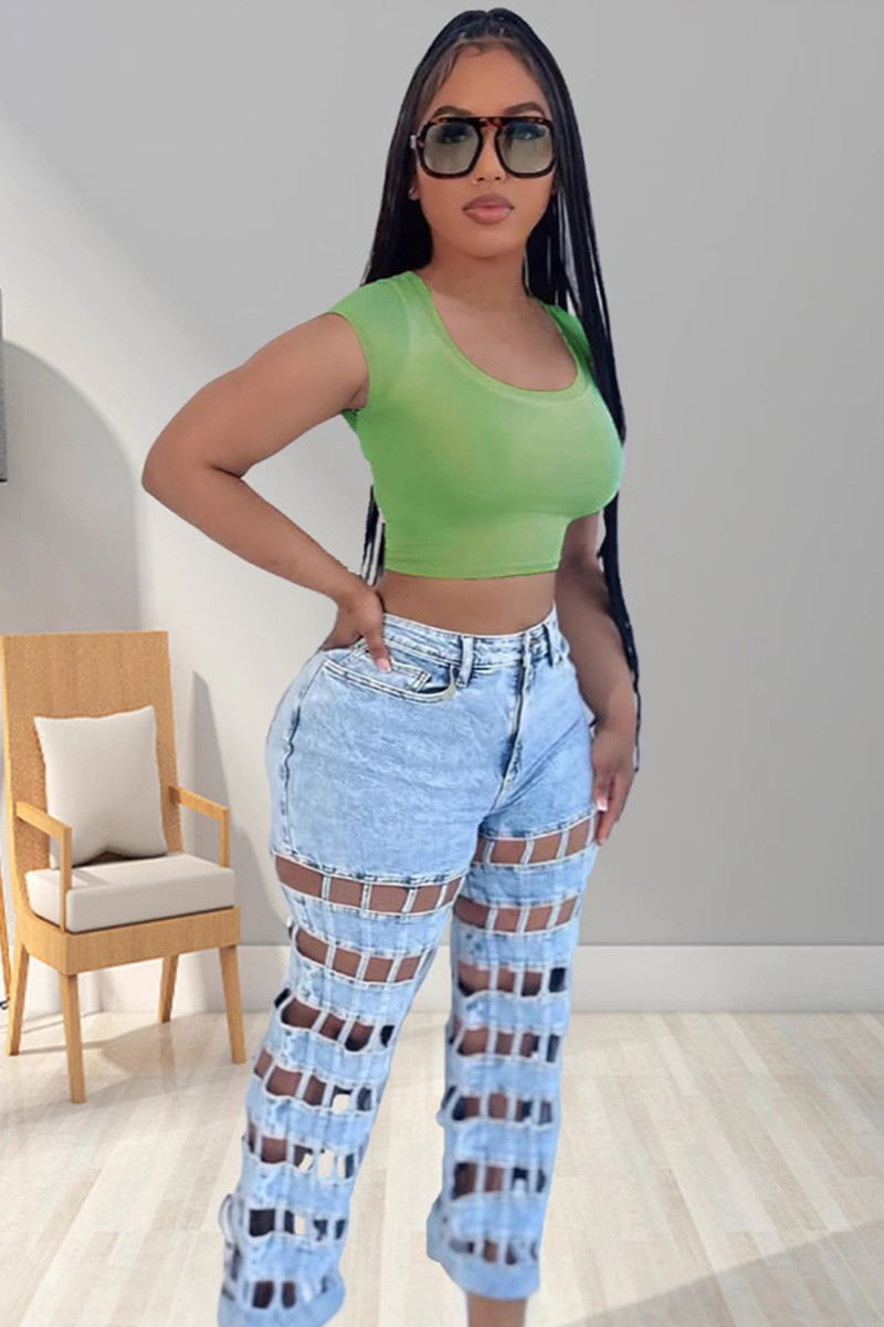 Distressed Ripped High-Waist Jeans with Cut-Outs Details