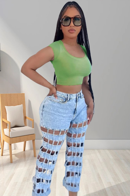 Distressed Ripped High-Waist Jeans with Cut-Outs Details