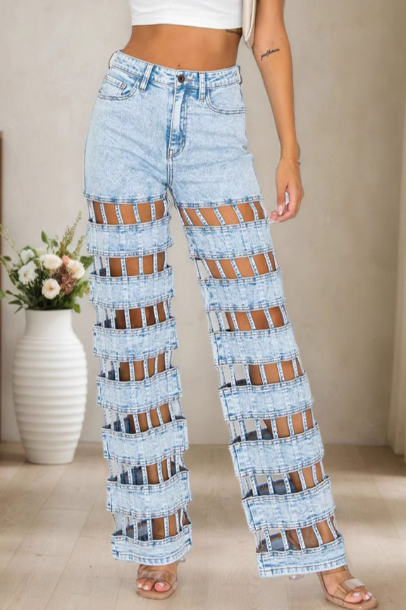 Distressed Ripped High-Waist Jeans with Cut-Outs Details