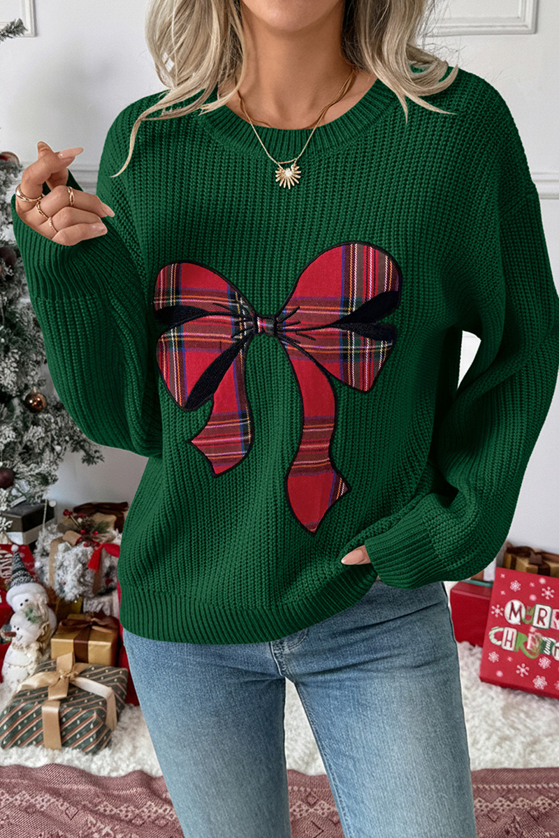 Lady's Christmas Sweet Bow Plaid Embroidered Round Neck Sweater