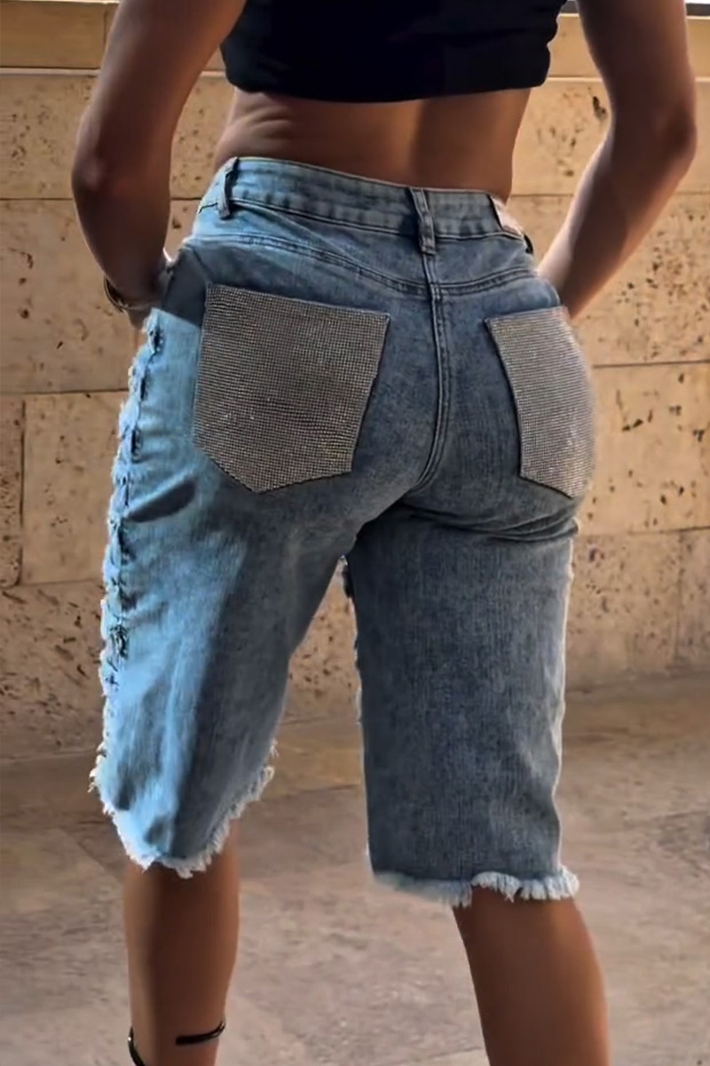 Women's Vintage Washed Jeans With Bedazzled Pockets & Raw Hem
