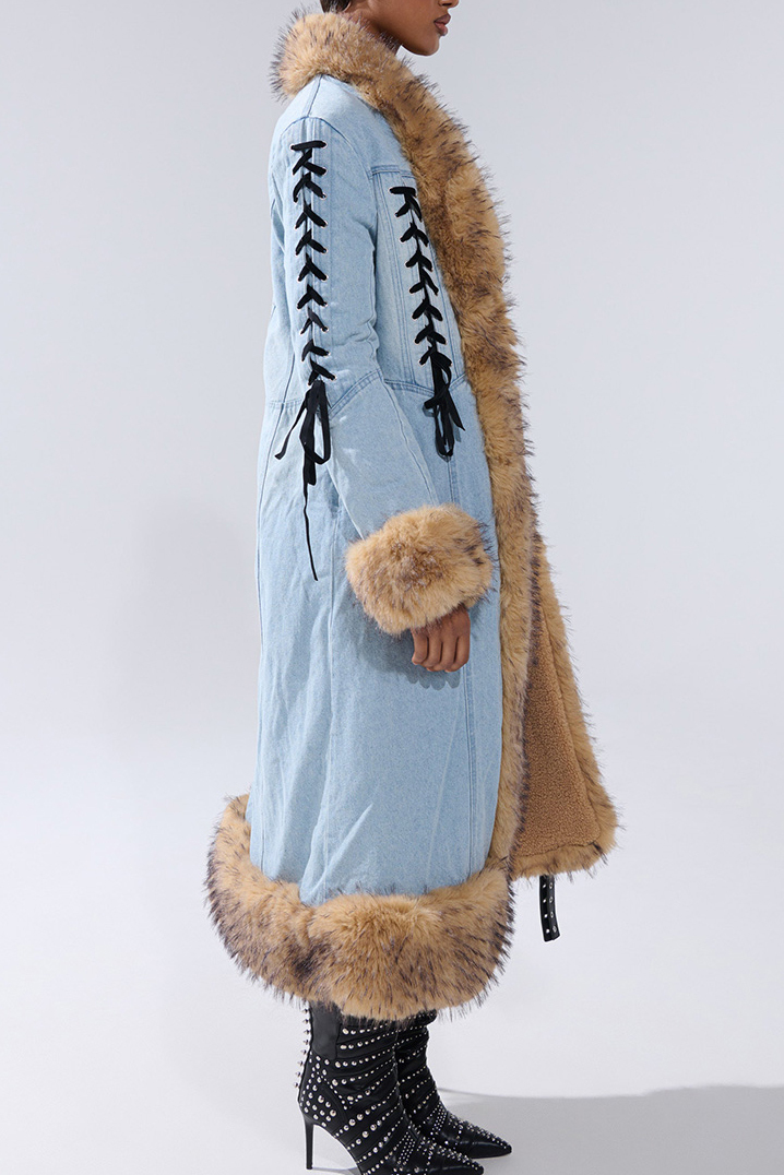 Women's Cozy Shearling-Collar Belted Denim Coat