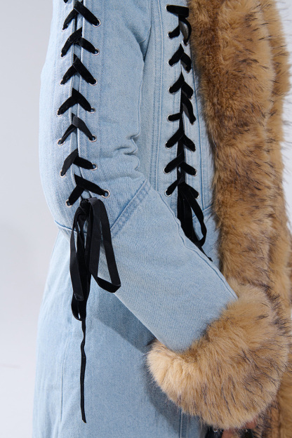 Women's Cozy Shearling-Collar Belted Denim Coat