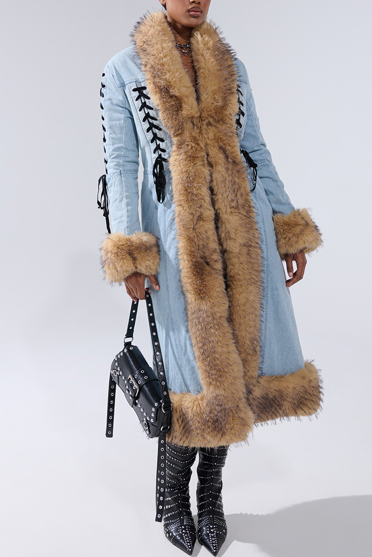 Women's Cozy Shearling-Collar Belted Denim Coat