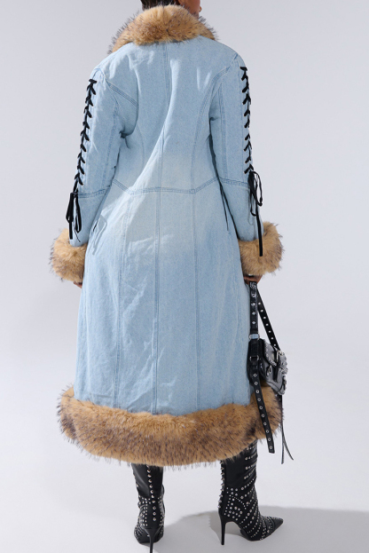Women's Cozy Shearling-Collar Belted Denim Coat