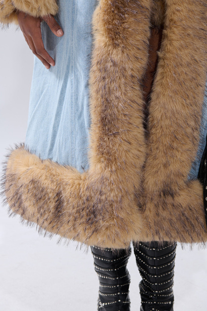 Women's Cozy Shearling-Collar Belted Denim Coat