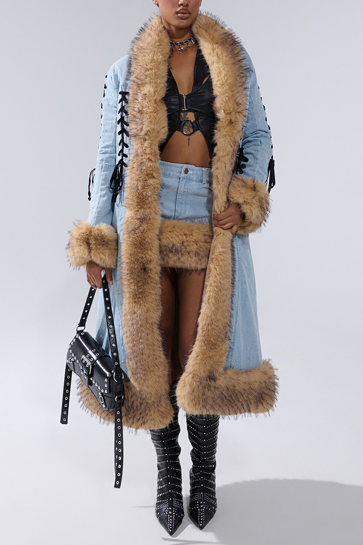 Women's Cozy Shearling-Collar Belted Denim Coat