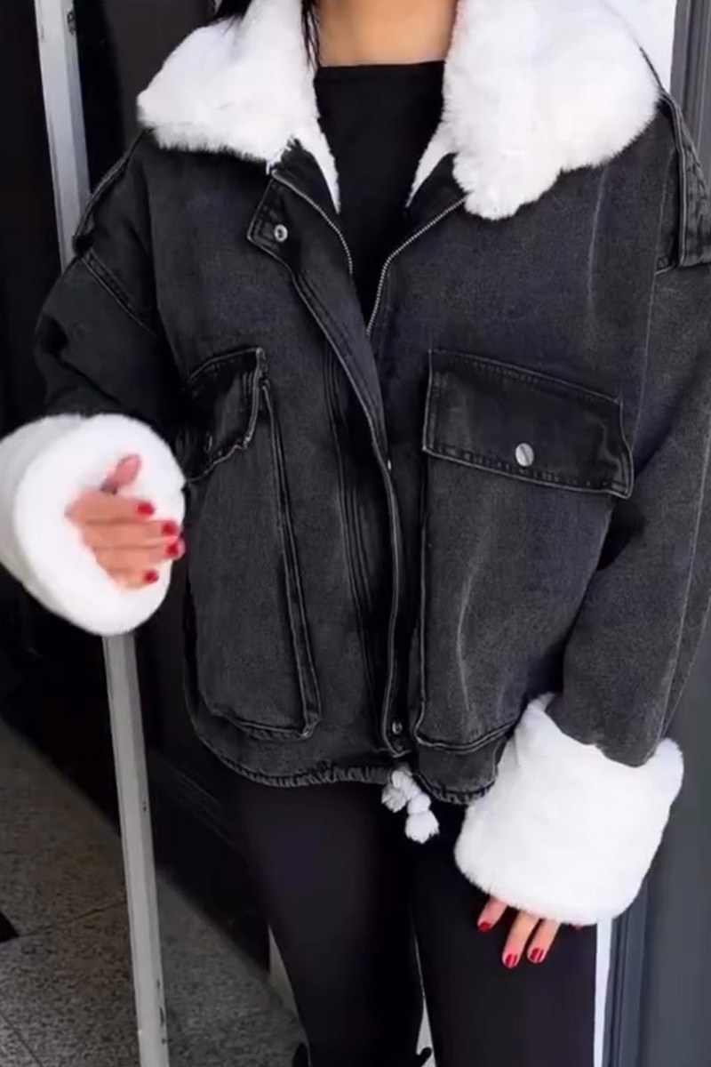 Stylish Cropped Denim Jacket With Plush Faux Fur Collar