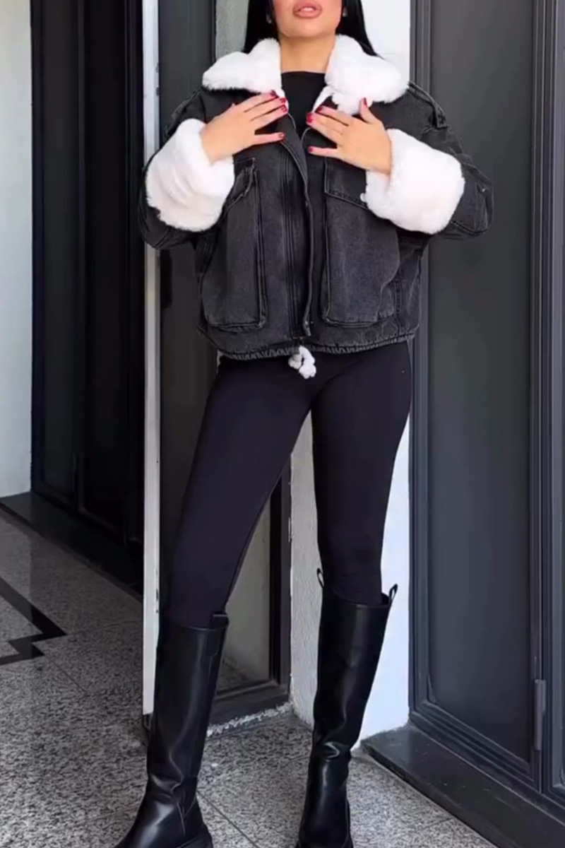 Stylish Cropped Denim Jacket With Plush Faux Fur Collar
