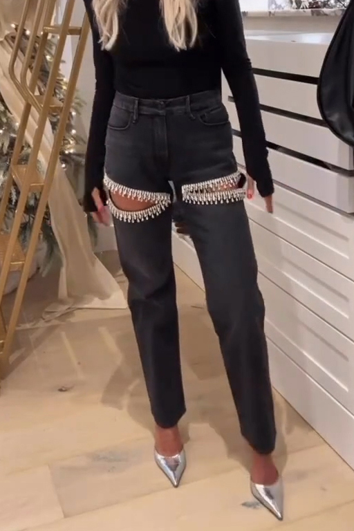 Ladies' Glamorous Rhinestone Fringe Distressed Jeans