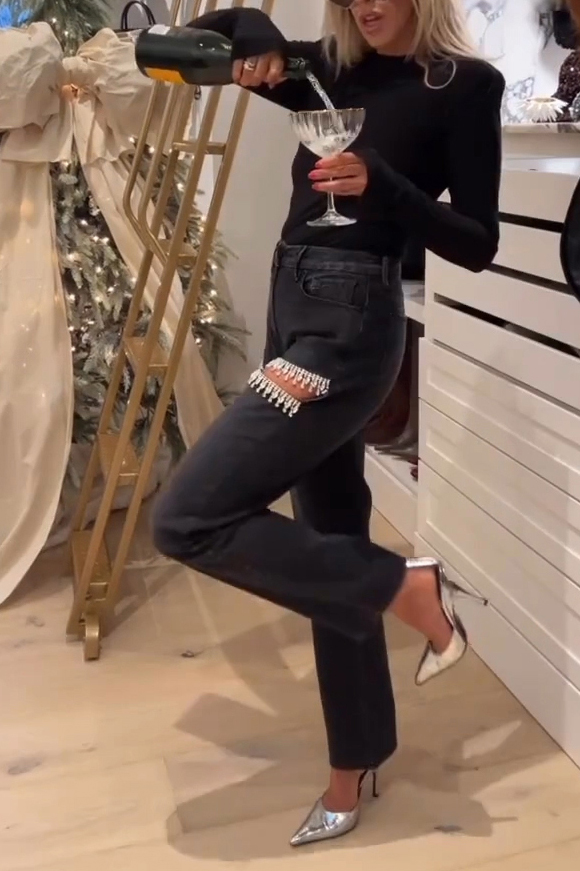 Ladies' Glamorous Rhinestone Fringe Distressed Jeans