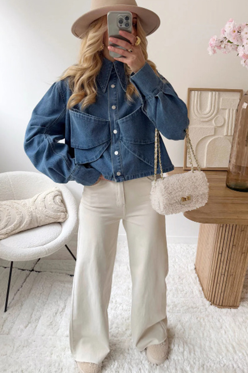 Women's Bow Embellished Cropped Denim Jacket With Chic Spliced Sleeves