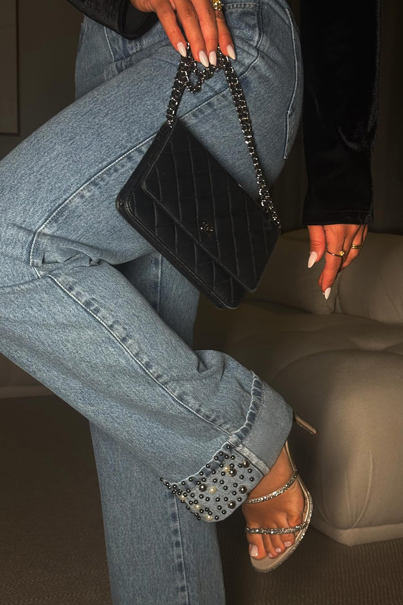 Women's Beaded Hem Jeans With Trendy Embellished Details