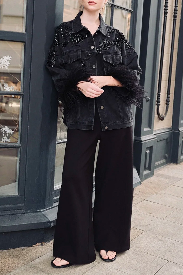 Women's Glam-Rock Denim Jacket with Feathered Sleeves and Sequins