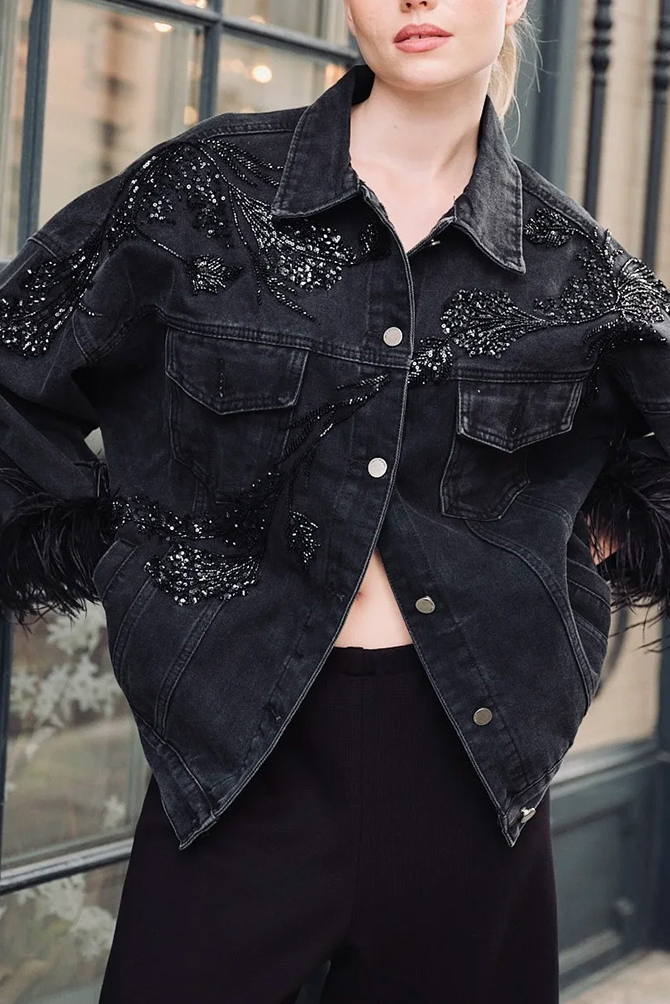 Women's Glam-Rock Denim Jacket with Feathered Sleeves and Sequins