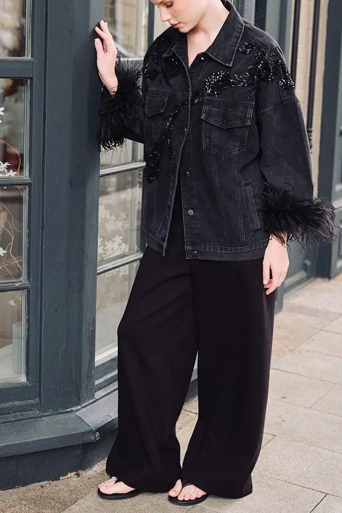 Women's Glam-Rock Denim Jacket with Feathered Sleeves and Sequins