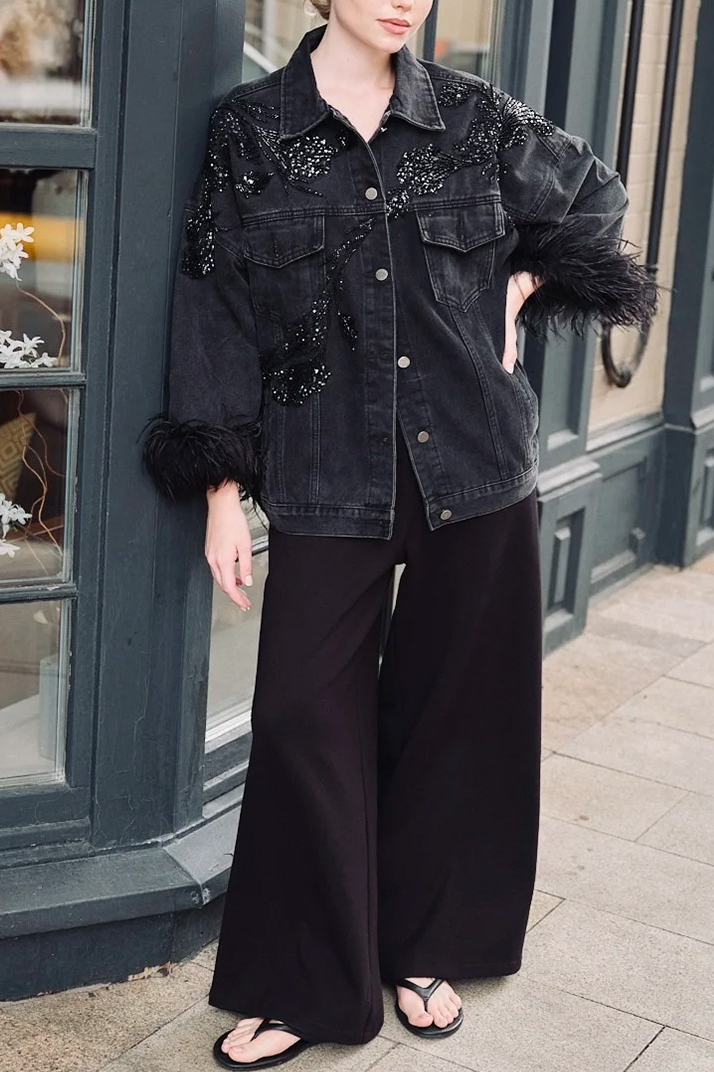 Women's Glam-Rock Denim Jacket with Feathered Sleeves and Sequins