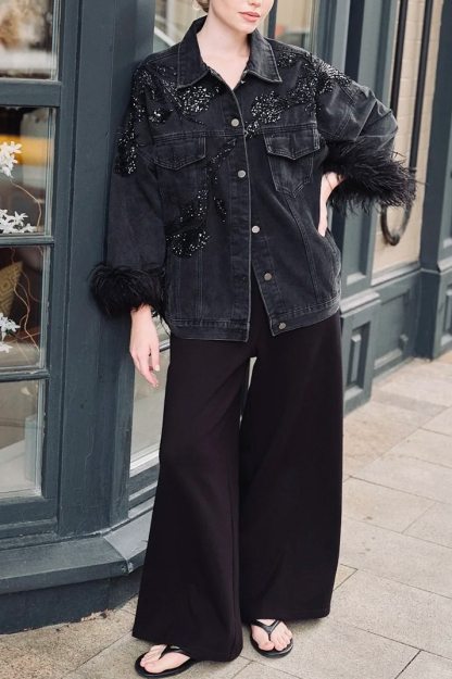 Women's Glam-Rock Denim Jacket with Feathered Sleeves and Sequins