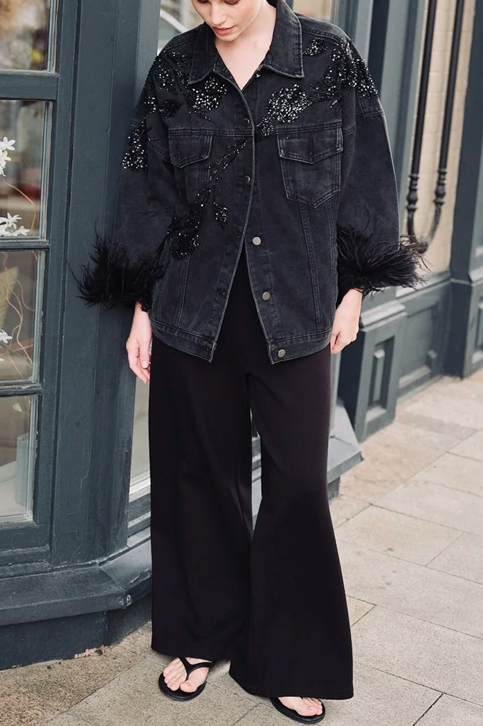 Women's Glam-Rock Denim Jacket with Feathered Sleeves and Sequins