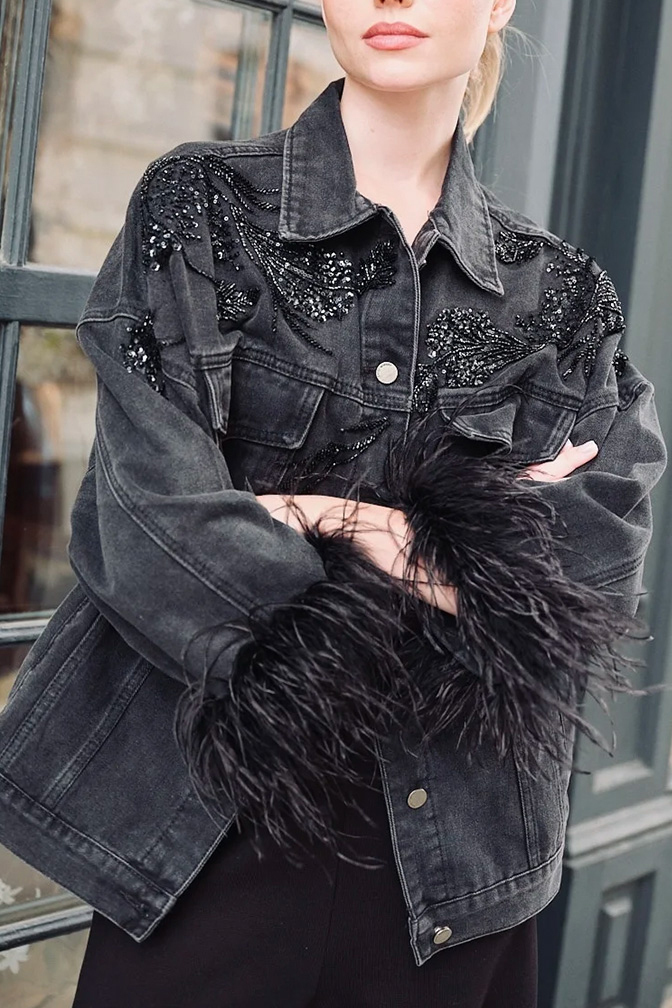 Women's Glam-Rock Denim Jacket with Feathered Sleeves and Sequins