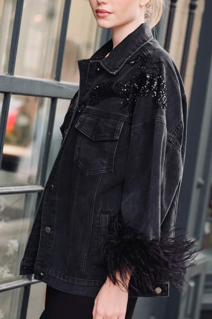 Women's Glam-Rock Denim Jacket with Feathered Sleeves and Sequins