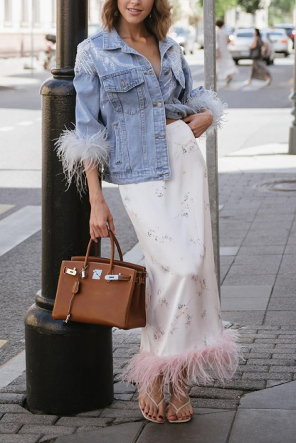 Ladies' Embroidered Denim Jacket with Feather Cuff Detail
