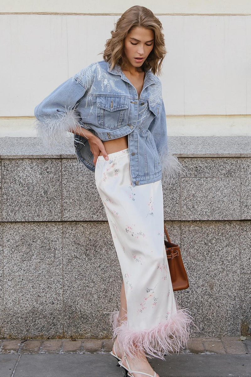 Ladies' Embroidered Denim Jacket with Feather Cuff Detail