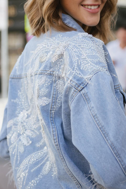 Ladies' Embroidered Denim Jacket with Feather Cuff Detail