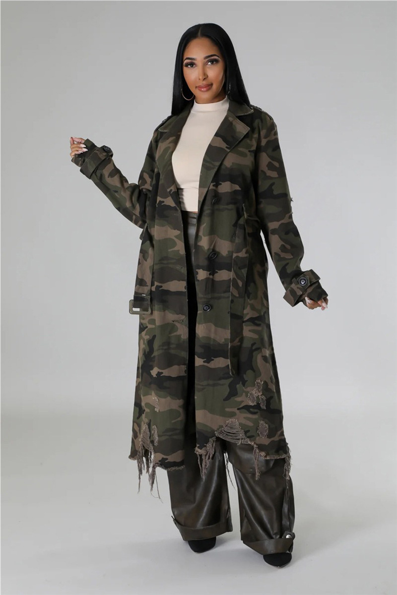 Stylish Women's Camo Long Coat With Edgy Distressed Details