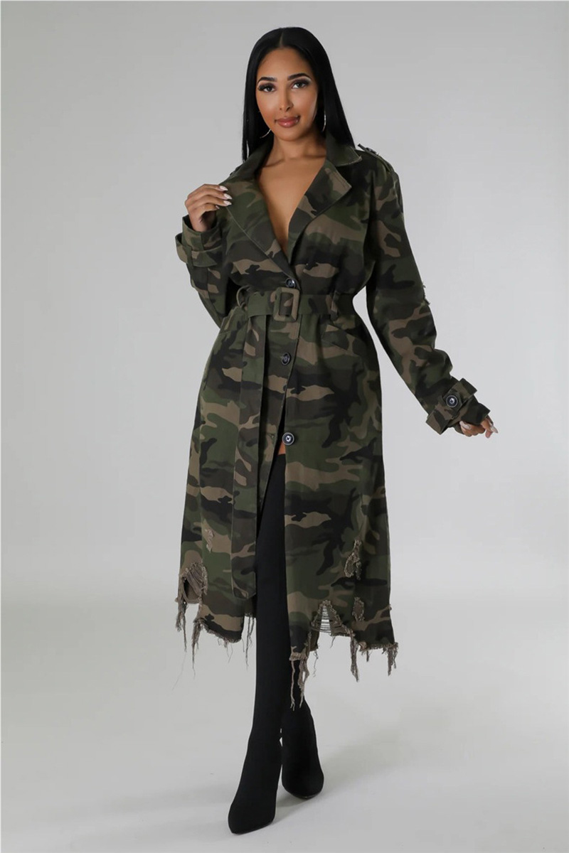 Stylish Women's Camo Long Coat With Edgy Distressed Details