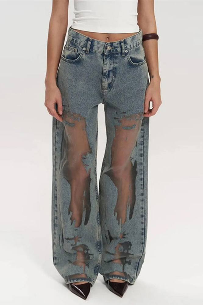 Women's Distressed Jeans With Sheer Cut Out Detail