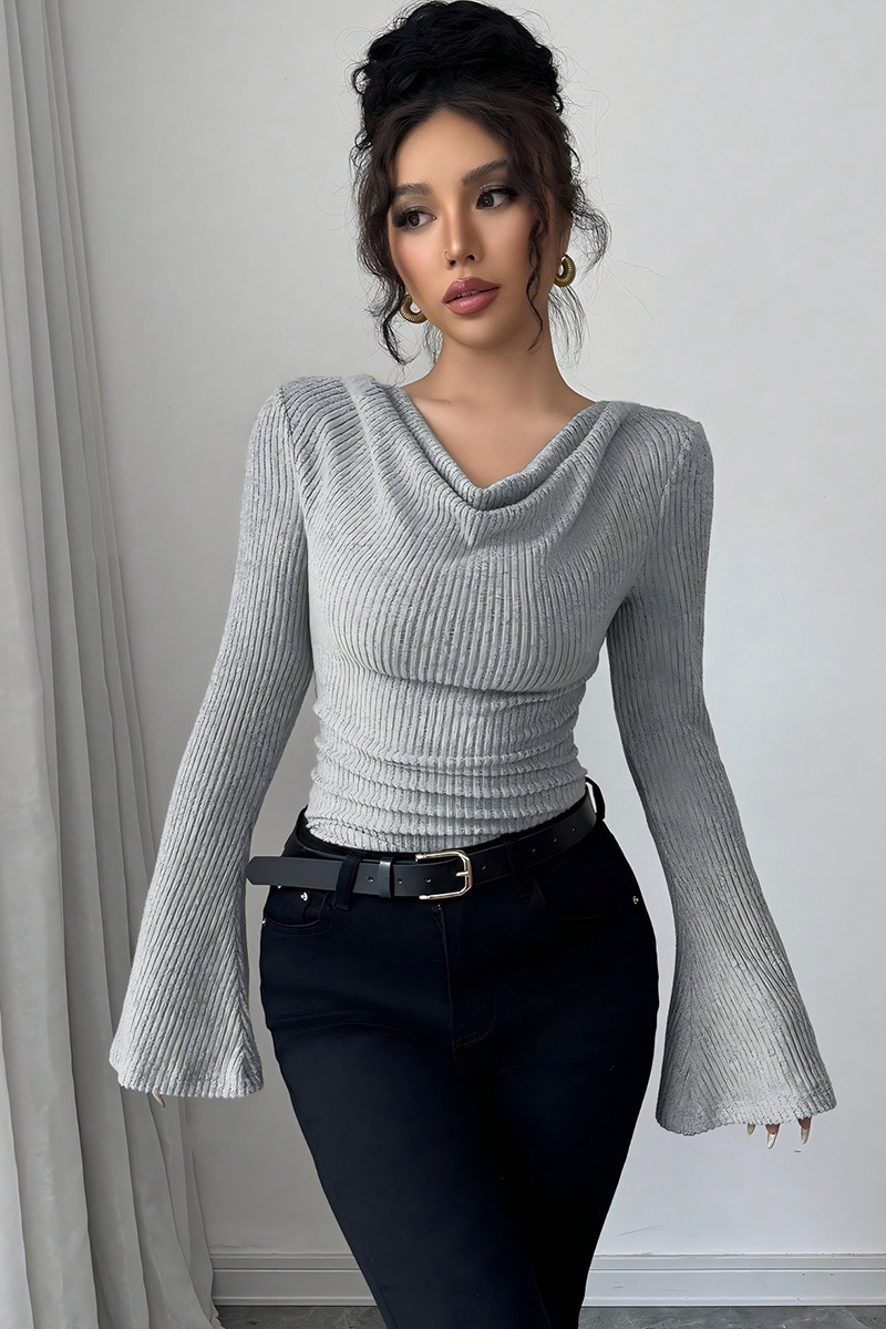 Ladies Ribbed Off Shoulder Slim Fit Knit Long Sleeve Top