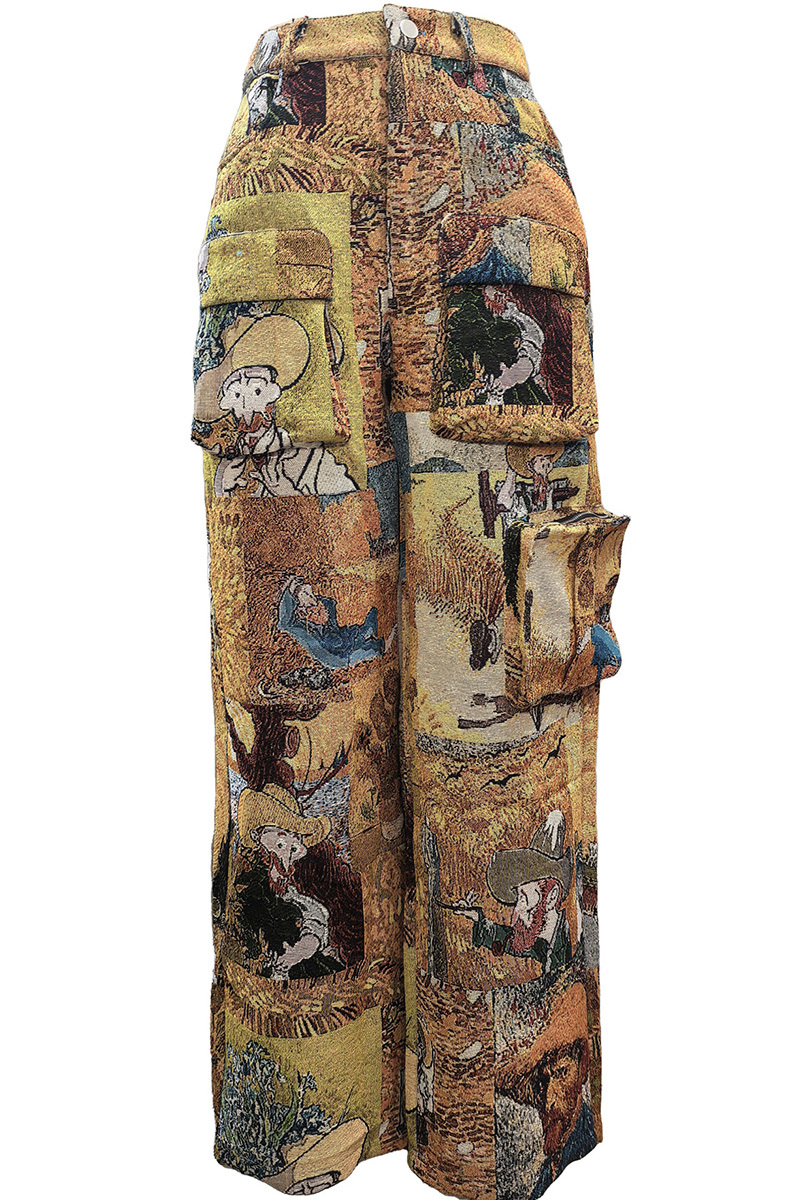 Artistic Floral Jacquard Cargo Pants With Multiple Pockets