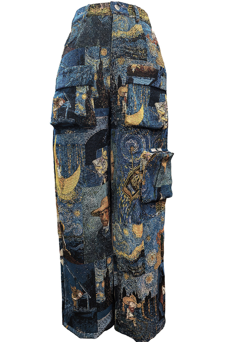 Artistic Floral Jacquard Cargo Pants With Multiple Pockets