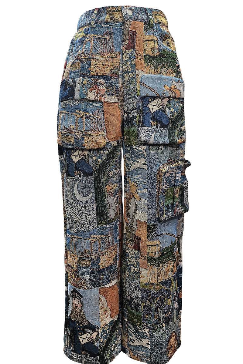 Artistic Floral Jacquard Cargo Pants With Multiple Pockets