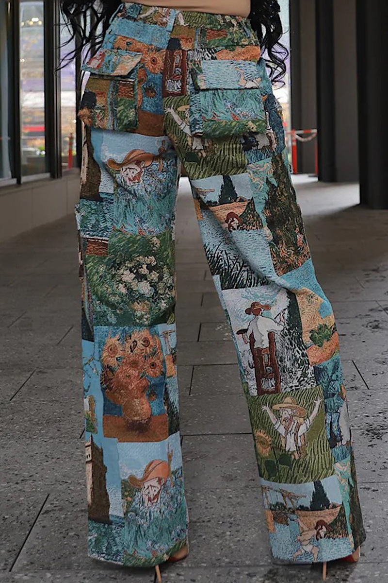 Artistic Floral Jacquard Cargo Pants With Multiple Pockets