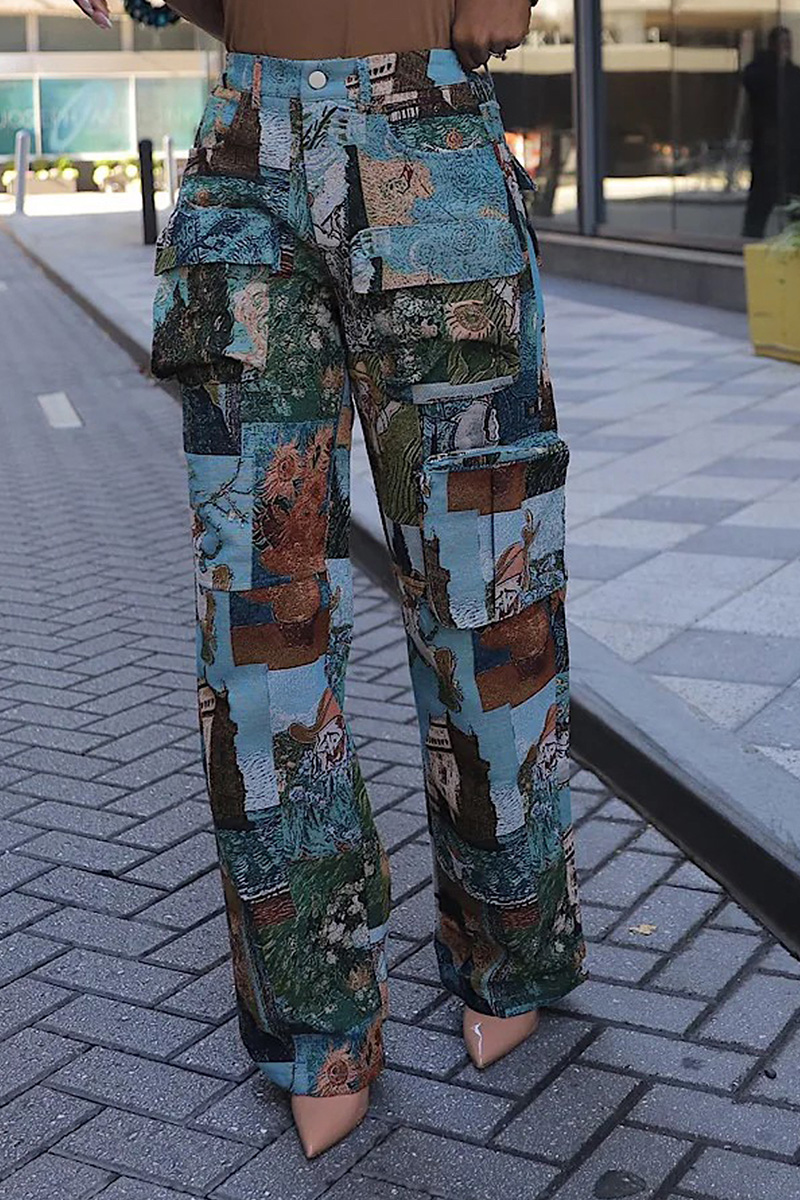 Artistic Floral Jacquard Cargo Pants With Multiple Pockets