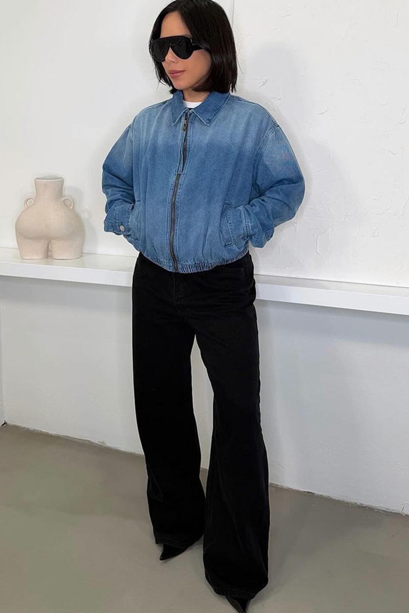 Womem's Washed Zip Long Sleeve Denim Jacket