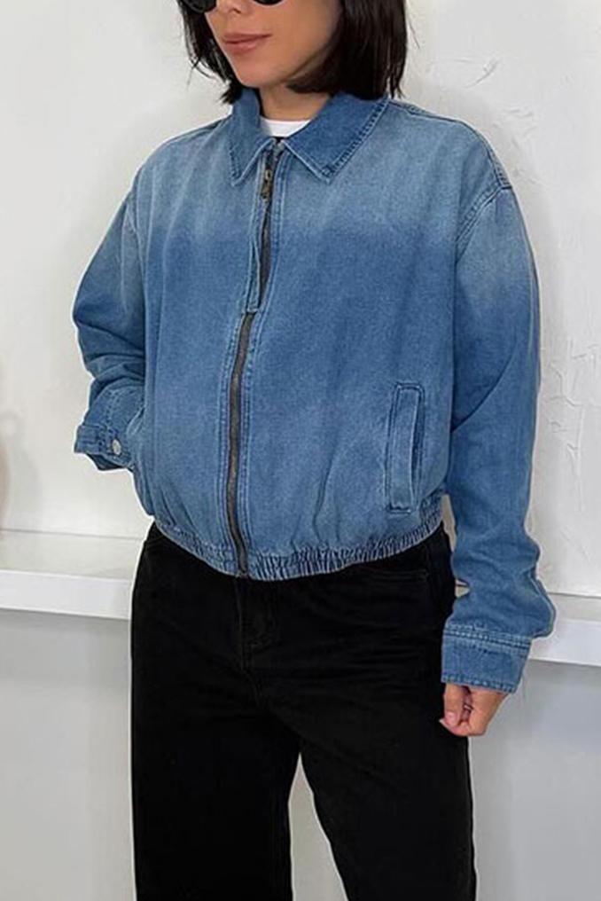 Womem's Washed Zip Long Sleeve Denim Jacket