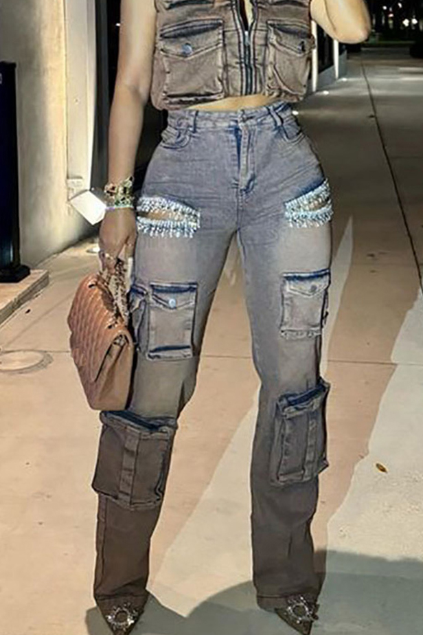 Vintage Fringe Drop Drill Multi Pocket Cargo Jeans For Women