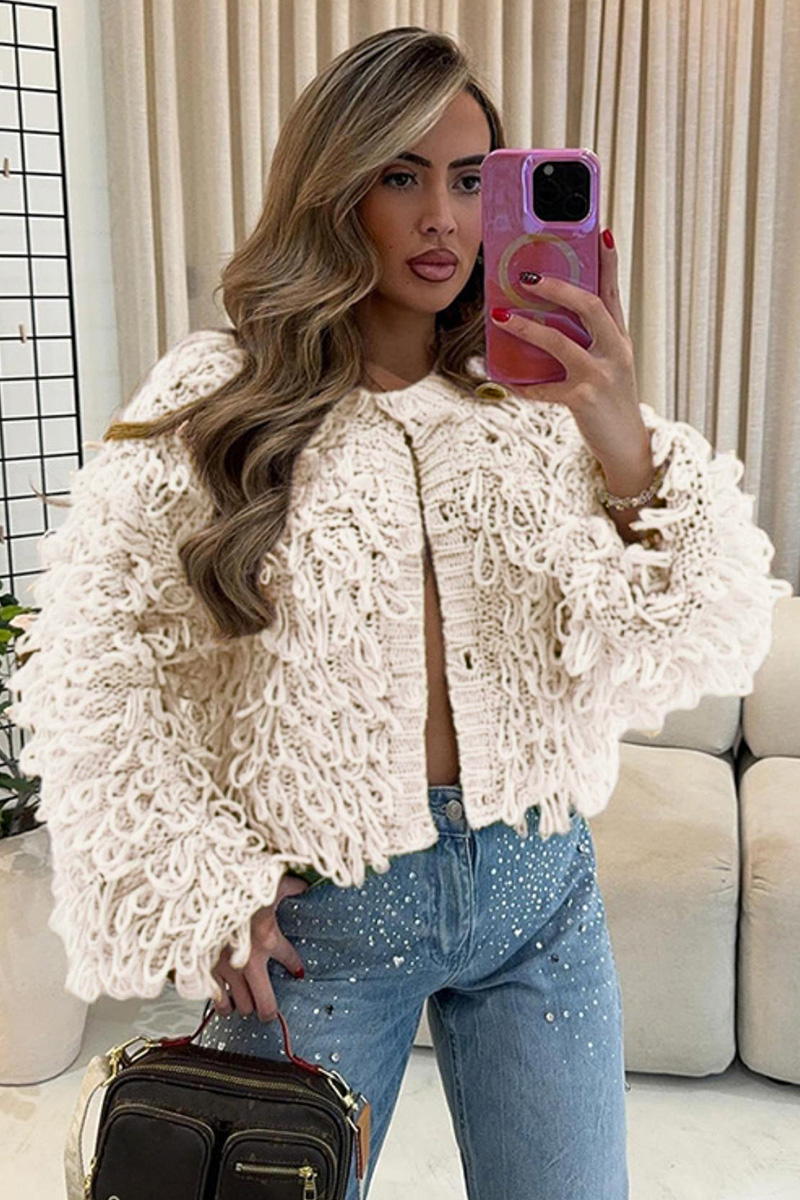 Ladies Fringed Knit Button Front Sweater Jacket