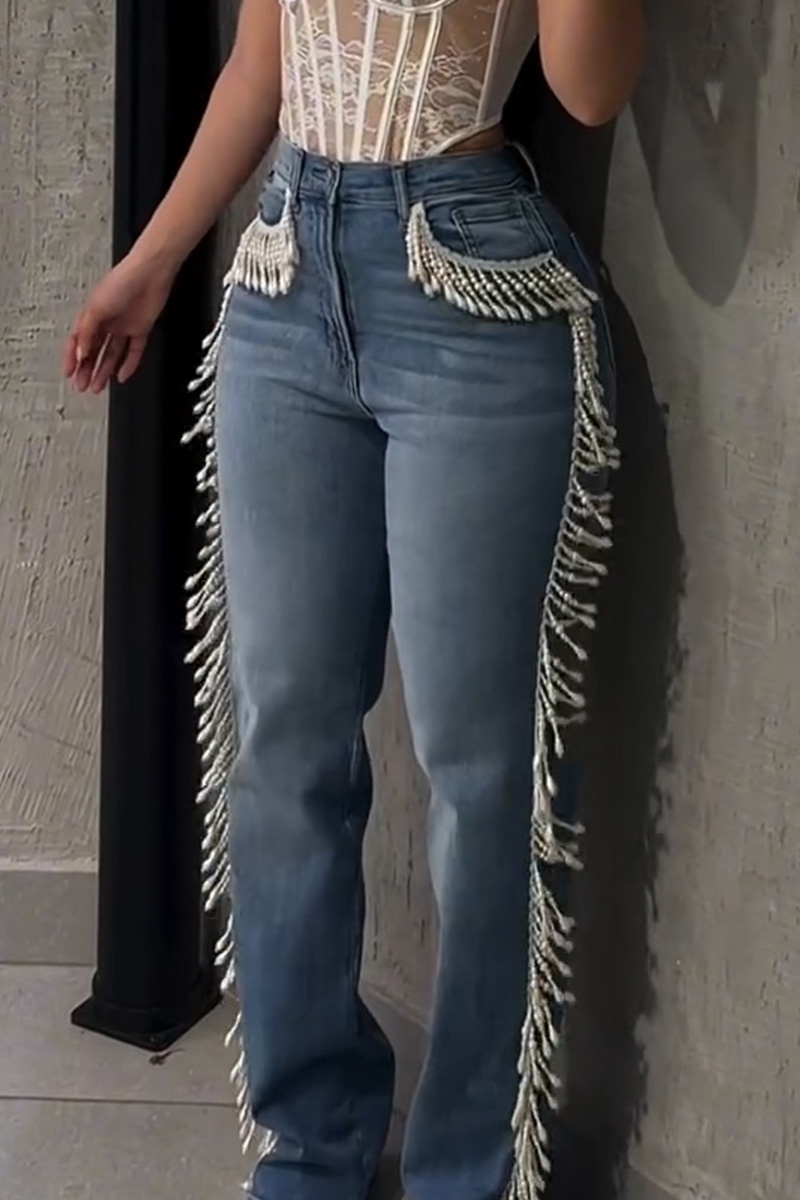 Ladies Pearl Fringe Jeans With Double Side Accents