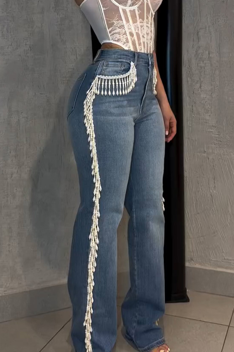 Ladies Pearl Fringe Jeans With Double Side Accents