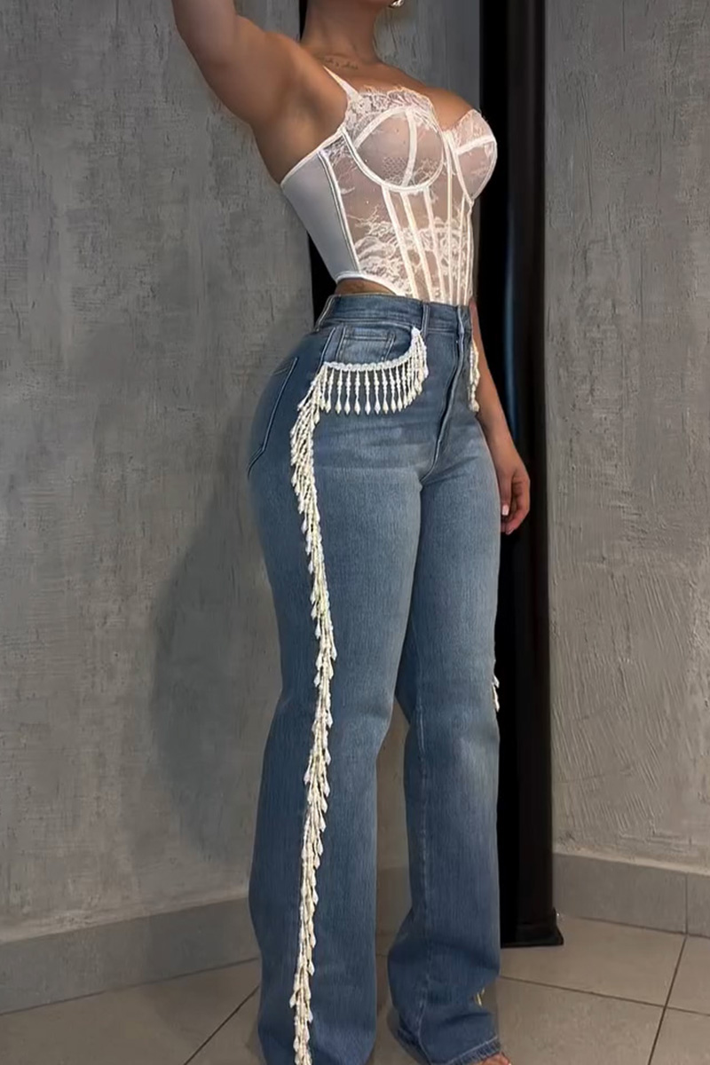 Ladies Pearl Fringe Jeans With Double Side Accents