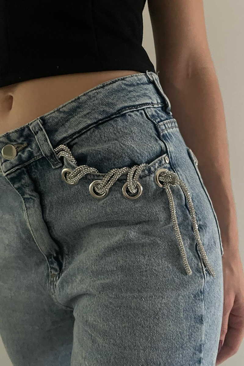 Ladies Rhinestone Jeans With Strap Embellishment