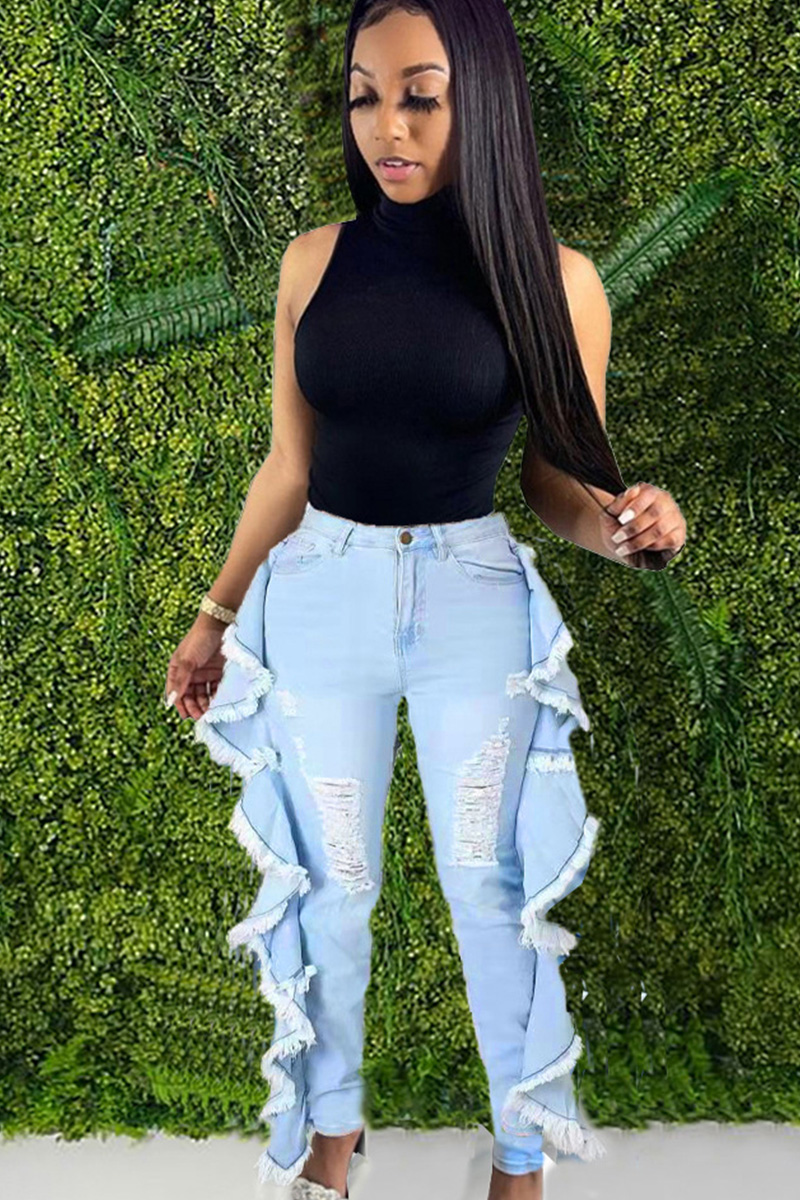 Ladies Distressed Side Ruffle Stretch Skinny Jeans